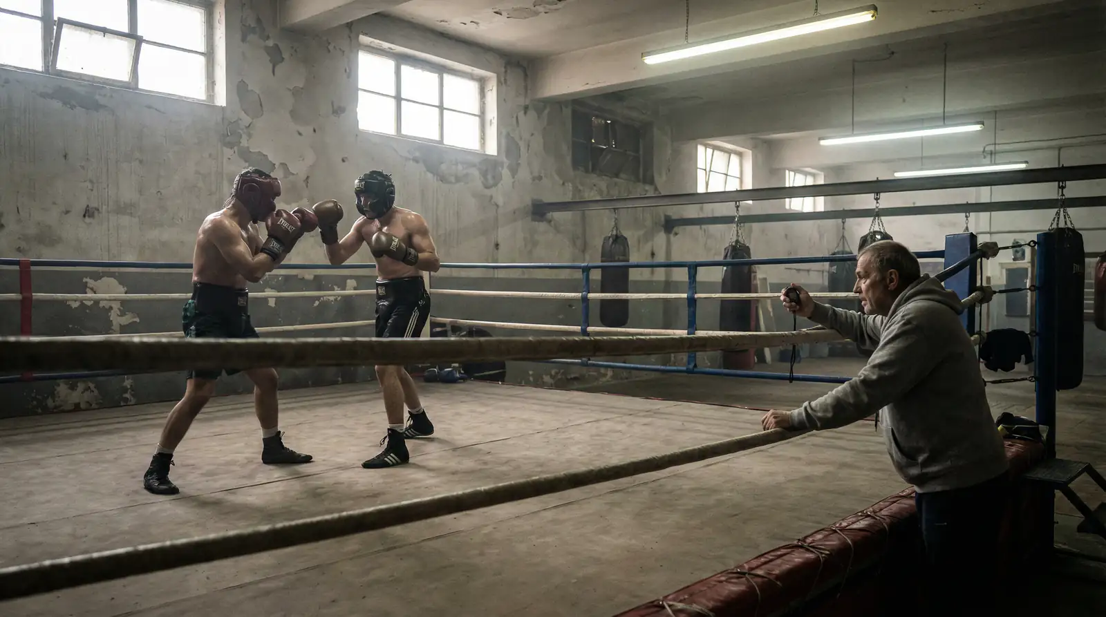 Zwei Boxer beim Sparring im Trainingscamp mit Trainer am Ringrand