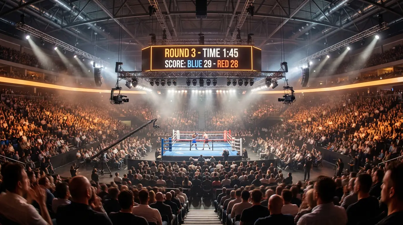 Boxkampf-Arena mit beleuchteter Anzeigetafel und Publikum im Hintergrund