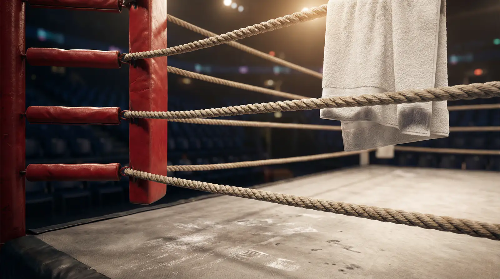 Nahaufnahme eines Boxrings mit gespannten Seilen und roter Ecke vor dem Kampf