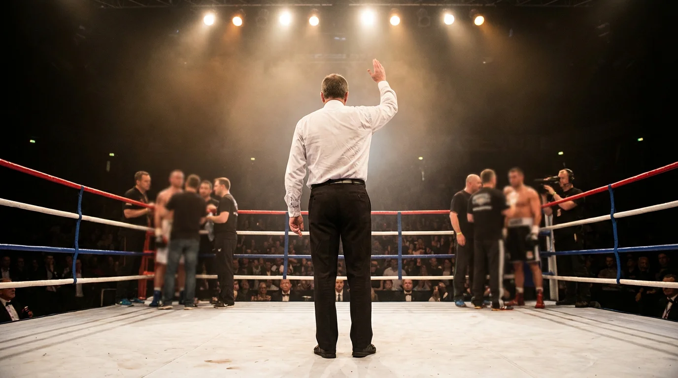 Ringrichter hebt die Hand des Siegers nach einem Boxkampf im Scheinwerferlicht